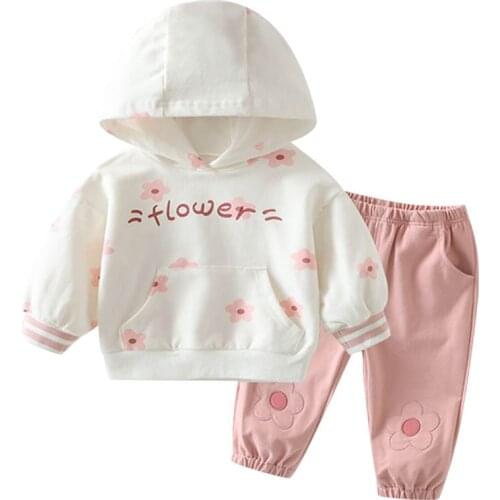 Girl Flower Hooded Long Sleeve Top Trousers Autumn Winter Suit Kid Leisure Two Piece Sweater + Pants Set Children Clothes Outfit