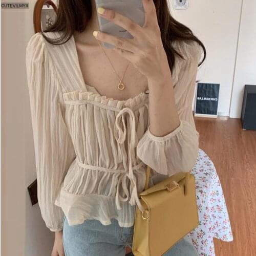 Chic Korea Vintage French Style Hot Solid Fashion Female Shirts Drawstring Puff Sleeves Summer Simple Sweet Thin Women Blouses