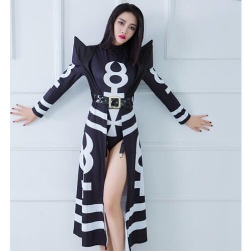 Sexy Dj Stage Clothing Female Black Long Clock Jacket Bodysuit Costume Bar Singer Dance Hip Hop Club Set Singer Dancer DWY4317