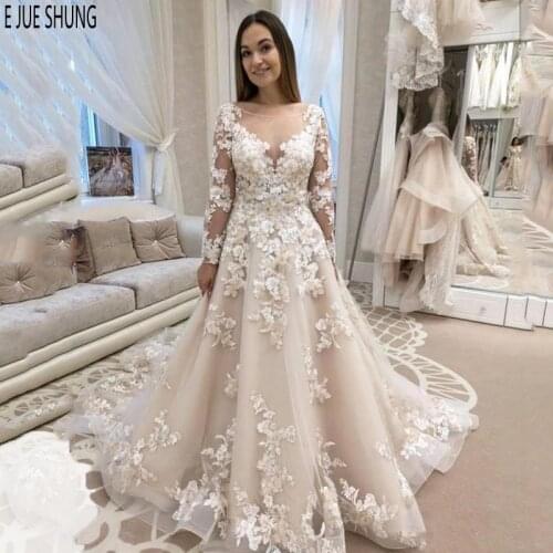 E JUE SHUNG Modern Summer Wedding Dresses Scoop Neck Illusion Long Sleeves 3D Floral Appliques Bridal Dresses robe de mariee
