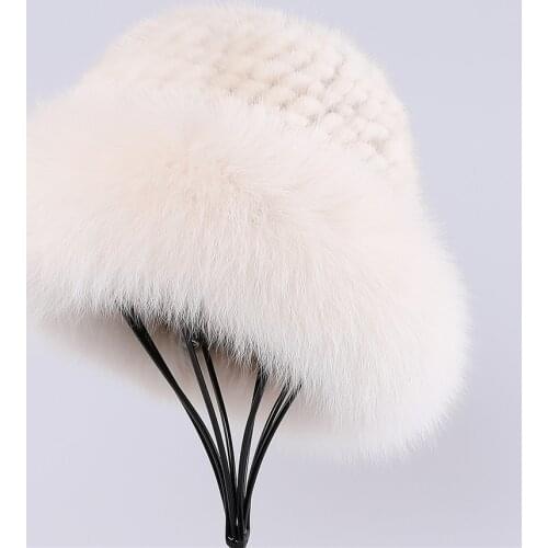 SUPPEV&STTDIO Luxury Womens Winter Warm 100% Mink Fur Knitted Bucket Hat Fox Fur Trim Caps Top Beanies Hats