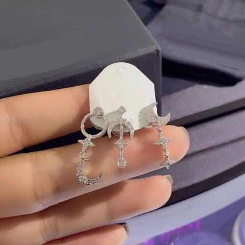UMGODLY 3pcs/set Fashion Silver Color Moon and Stars Stud Set Earrings with High Quality Zirconia Women Luxury Jewelry