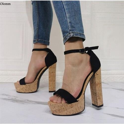 Olomm New Handmade Women Platform Sandals Cork Sexy Block High Heels Sandals Open Toe Black Casual Shoes Women US Plus Size 5-20