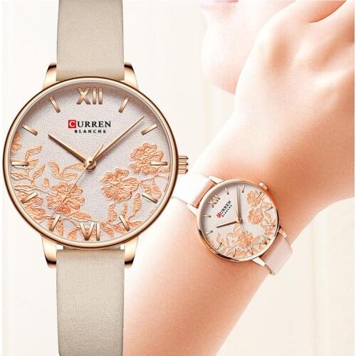 CURREN Genuine Leather Strap Women Watch Fashion Pink Flower Ultra-thin Quartz Wristwatch Simple and Stylish Ladies Clock