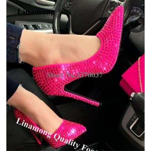 Linamong Bling Bling Women Rhinestone Pointed Toe Stiletto Heel Pumps Rose Red Yellow Crystal Slip-on High Heels Wedding Shoes