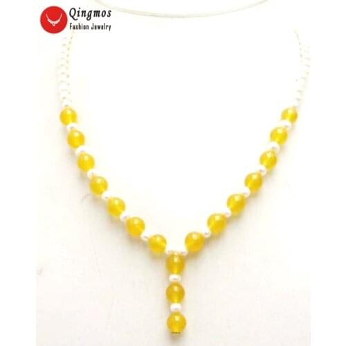 Qingmos Natural White Pearl Chokers Necklace for Women with 6-7mm Round Pearl Necklace & Yellow Jades Pendant Necklace 17