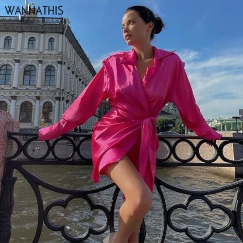 WannaThis Silk Long Sleeve Shirt Dress Women V-Neck Laceup Sexy Split Hem Fashion Elegant Autumn 2021 Lady Party Mini Dresses