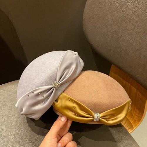 Winter New High Quality Ribbon Bow Wool Berets For Ladies Korean Version Of Rhinestone Decoration Casual Painter Woman Hats