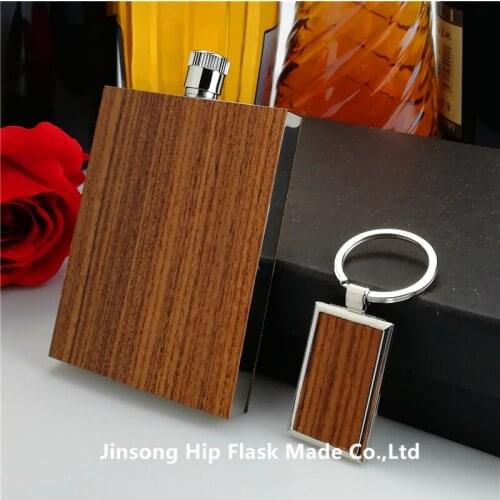 3oz Rosewood wrapped hip flask with rosewood wrapped stainless steel keychain,high quality ,No scratch