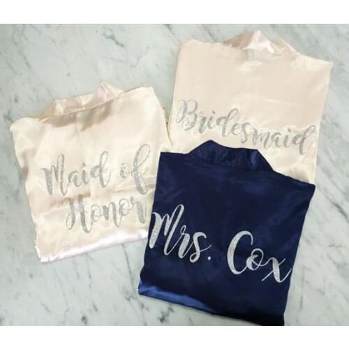 Customize glitter wedding Bridesmaid bridal satin silk pajamas robes maid of honor Bachelorette kimonos gowns gifts party favors