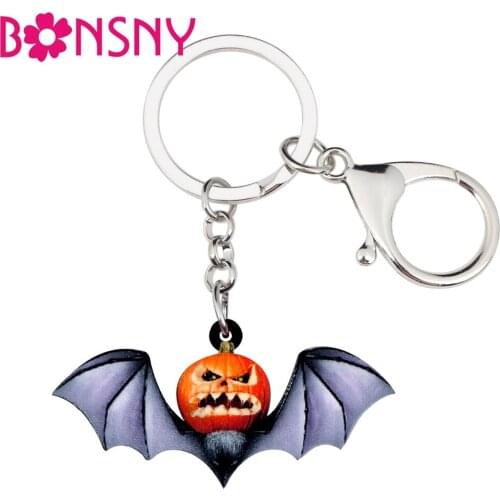 Bonsny Acrylic Halloween Angry Pumpkin Bat Key Chain Keychain Ring Cartoon Decoration Jewelry For Women Girls Teens Accessories