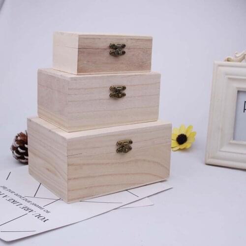 Plain Wood Wooden Square Hinged Storage Boxes Craft Gift Box Simple Storage Container Dust-Proof With Lock Jewelry Box Case