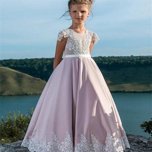Kids Puffy Lace Ball Gown Flower Girl Dresses Princess Beach Wedding Children Wear Sheer Neck Baby Pageant Clothes
