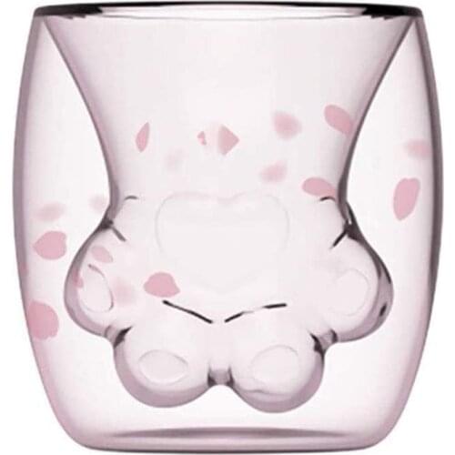 Cat Paw Mugs, Cute Sparks Cat Claw Cup, Double Layer Glass Coffee Mugs Cat Foot Milk Sakura Cup, Best Gift for Women Girl