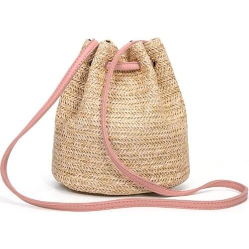 DCOS Summer Straw Bucket Bag Weave Purse Handbag Fringe Bohemian Bag Pouch pink