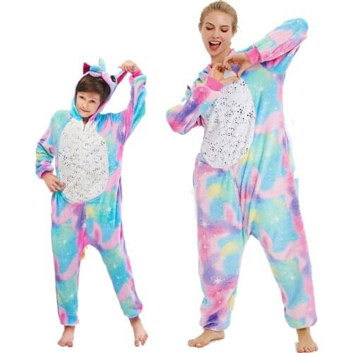Adult and Kids Winter Kigurumi Unicorn Pajamas for Mother And Baby Onesies Children Sleepwear Flannel Warm Jumpsuit Pyjama