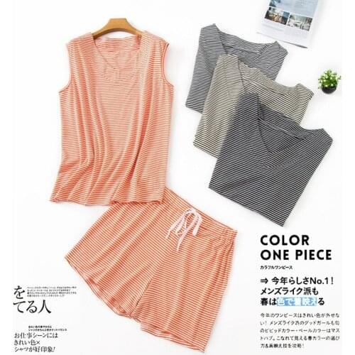 Womens Plus Size Pajamas Sleeveless V-Neck Cotton Pijamas Yarn-Dyed Striped Pyjamas Women Shorts 2 Piece Pijama Mujer Vest Set