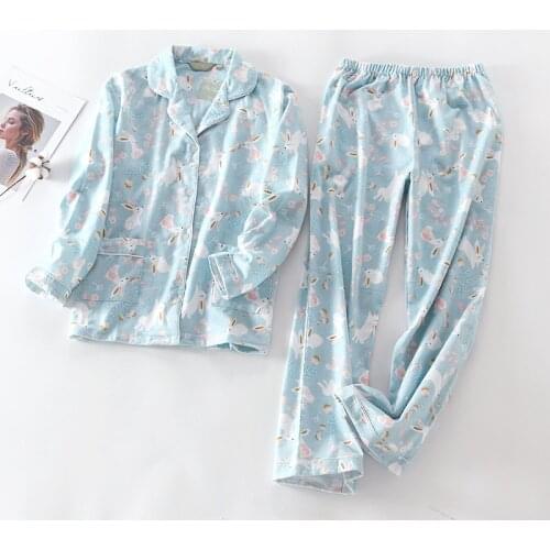 Pure Cotton Pajamas Set Women Pyjama Cartoon Bunny Print Female Winter Sleepwear Warm Sexy Homewear Long Shirt Pants 2 Piece/Set