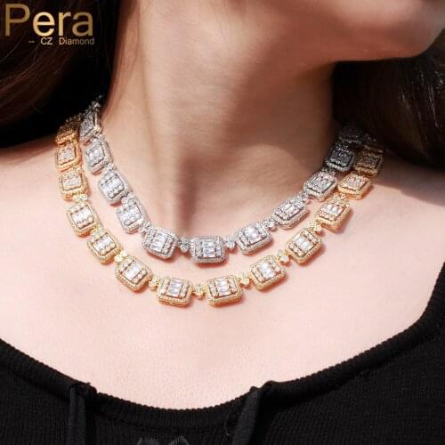 Pera Luxury Yellow Gold Round Chokers Cubic Zirconia Multiple Square Link Tennis Chain Necklaces for Women Costume Jewelry P028