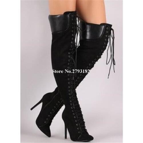 Newest Women Winter Pointed Toe Suede Leather Thin Heel Over Knee Gladiator Boots Lace-up High Heel Long Boots Motorcycle Boots