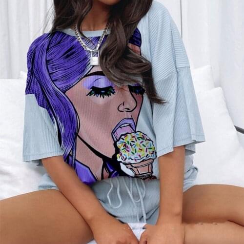 Blue Ice Cream Girl 2-piece Sets for Women Short Sleeve Loose T Shirts and Shorts Suits Summer Clothes Large Size 2021New Ladies