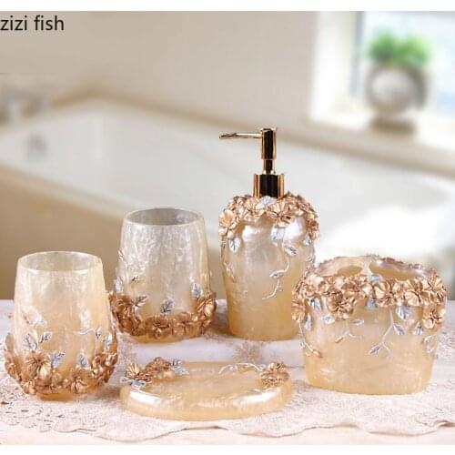 Vintage Floral Texture Bathroom Set Portable Soap Dispenser Mouthwash Cup Toothbrush Holder Toilet Brush Resin Bath Supplies