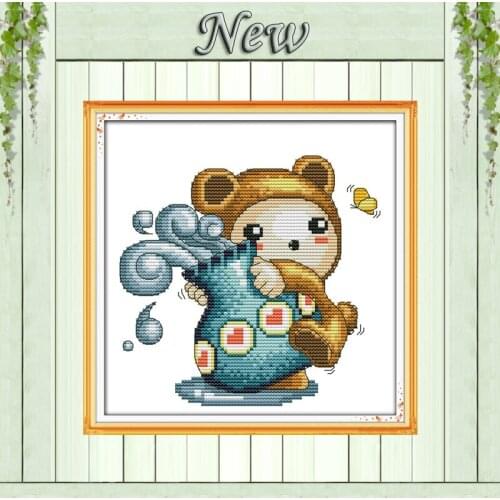 Aquarius baby bear decor painting pattern print on canvas DMC 14CT 11CT DIY Cross Stitch chinese Needlework Embroidery Sets kits