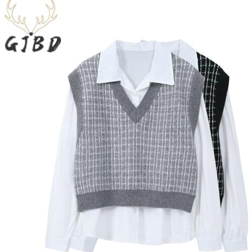 Long Sleeves Women Shirt 2021 Autumn Fashion Suit Baggy Shirt Button Up Plaid Knitted Patchwork Vintage Casual Ladies TOP Blouse