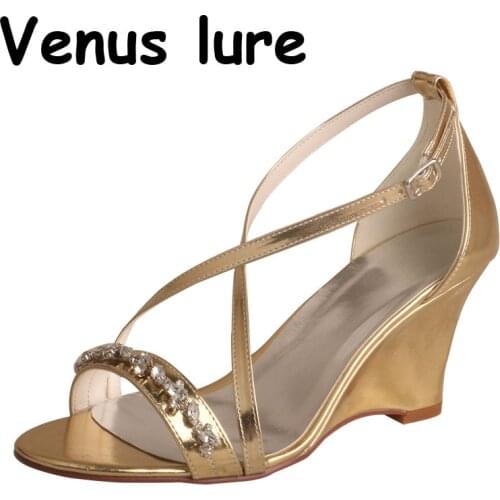 Venus lure Womens Wedge Sandals Gold PU Ladies Shoes Heel Party 7.5CM Heel