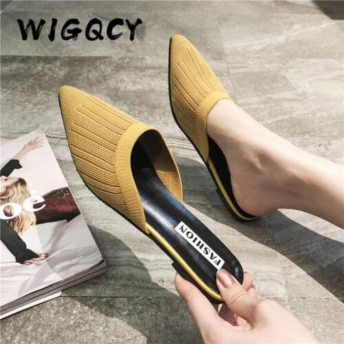 New Womens Summer Solid Toe-covered Slipper Fashion Pointed Woven Breathable Lazy Slippers Flat Sandals Women Mule Slides Shoes