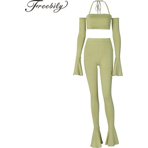 2Pcs Women Sexy Yoga Sets Suit Casual Workout Clothing Halter Neck Tube Top Flared Sleeves Flared Pants Trousers Tracksuits Set