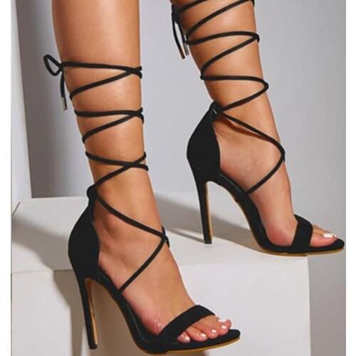 European Summer Lace Up High Heeled Women Sandals Suede Pumps Shoes Size 35-42