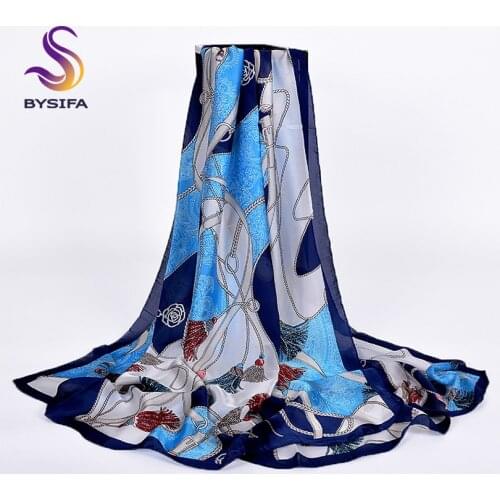 [BYSIFA] Winter Navy Blue Silk Scarf Shawl Wraps 2019 Women Brand 100% Silk Imitation Long Scarf Spring Autumn Foulard 180*90cm