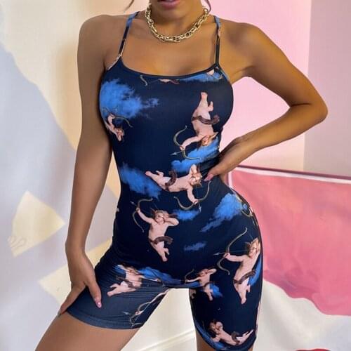 Dourbesty Women Sporty Overalls Oil Painting Printed Spaghetti Strap Criss-cross Backless Bodycon Playsuits for Ladies Rompers