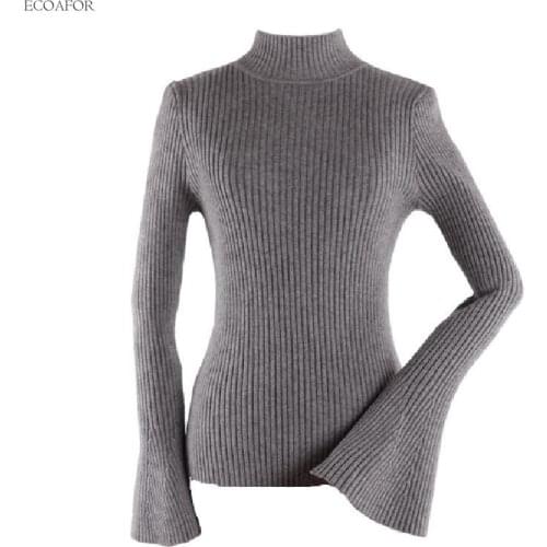 Vintage Bell Sleeve Sweater Women Retro Half High Neck Flare Sleeve Pullover Jumper Female Elastic Slim Waist Knitted Sweaters