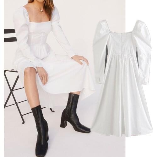 Women White Elegant Long Dress Za Fashion Square Collar Elastic Puff Sleeve Dress Female Spring 2021 Vintage Mujer Vestidos