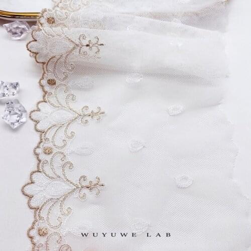 2yards Wide 14.3cm Gold Embroidered White Mesh Lace Trims Fabric Sewing Craft for Wedding Dec Handmade DIY Clothing Accessories
