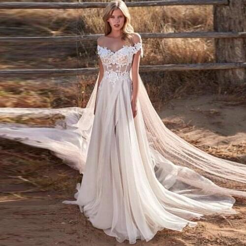 2021 Elegant Off Shoulder Wedding Dresses Long A-line Bridal Gown Zip Back Illusion Tulle Bridal Gowns Hippie Beach Boho