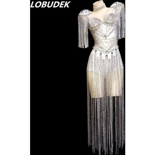 Sparkly White Black Rhinestones Epaulet Tassels Bodysuit Female Dance Troupe Jazz Dance Outfit DJ Singer Sexy Fashion Stage Wear
