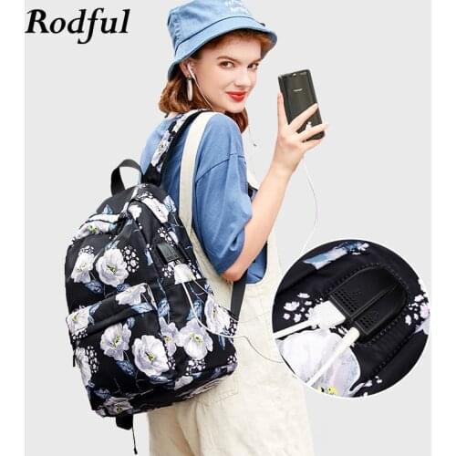 Floral Print Large Nylon Fabric Womens Backpack School Bags for Teenage Girls 2021 Youth Teens Backpack Schoolbag USB Charging