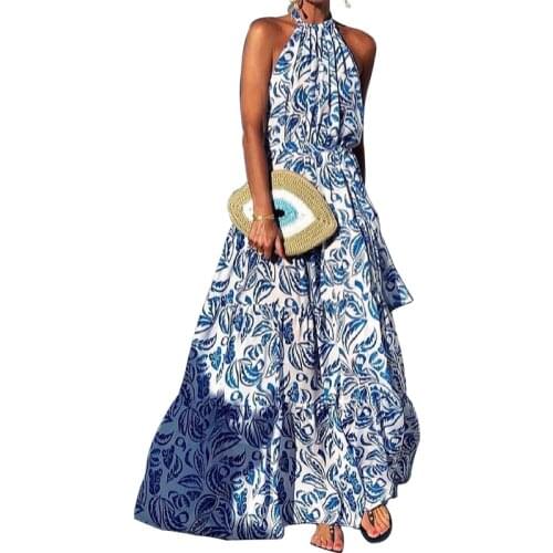 Long Print Dresses Women 2021 Summer New Latest Halter Sleeveless Backless Ladys Dress Sexy Bohemian Style Female Clothing