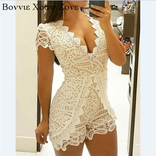 Women Short Sleeve Plain Sexy Crochet Lace Low Cut Romper Skinny Daily Jumpsuit