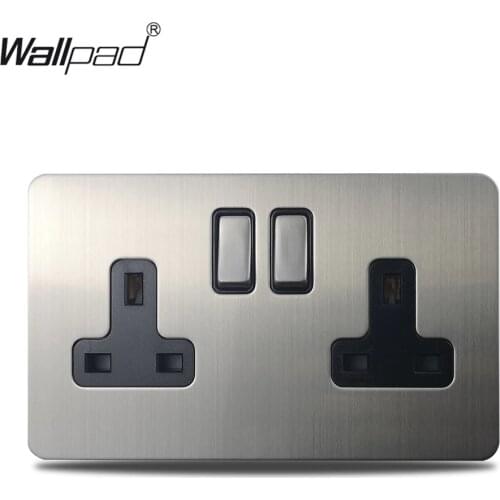 H6 UK DP Double Pole 2 Gang 13A Wall Socket Dual Electric Outlet Brushed Silver Stainless Steel Panel BS1363