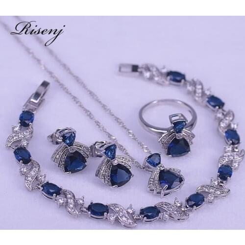 Blue Stone White Zircon Silver 925 Jewelry Set For Women Stud Earrings Ring Necklace Bracelet Set Costume Jewelry Set Bridal Set