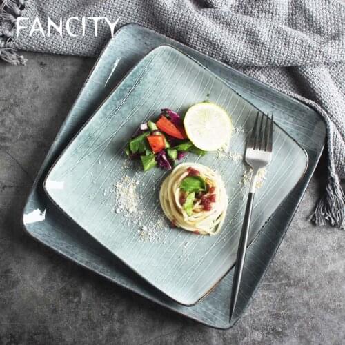 FANCITY Creative hand-painted ceramic line square plate gray retro Japanese restaurant western plate steak plate hotel supplies
