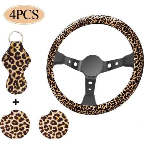 Leopard Steering Wheel Covers Set Leopard Steering Wheel Cover with Leopard Keychain and Leopard Car Coasters