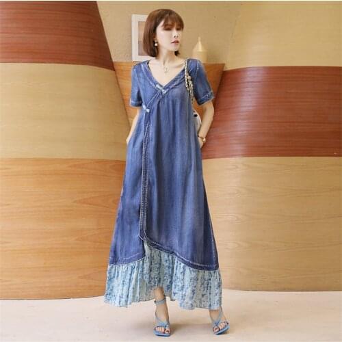 Summer Patchwork Denim Dress 2020 Vintage Women Dresses V-Neck Short Sleeve Patchwork Loose Vestidos Female Q82138