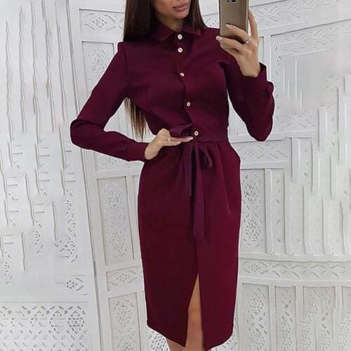 Fashion Women Solid Color Single-Breasted Button Long Sleeve Lapel Collar Party Dress Casual Long Sleeved Dress