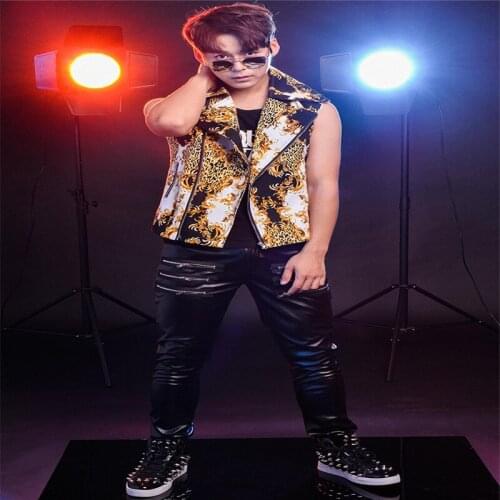 R23 Male ballroom dance costumes dj stage jacket Leopard jazz Vest singer performance outfits bar dress clothe party show disco