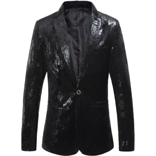 Mens blazer jacket Fashion Slim fit Flower Male Coat Casual floral Blazers Men BLACK Jacket Coat